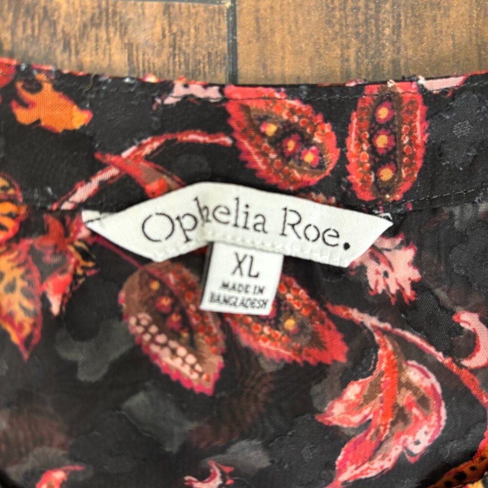 Ophelia Roe Top XL Black Orange Floral Textured 3/4 Sleeve Sheer Blouse‎ Women's - Picture 10 of 11